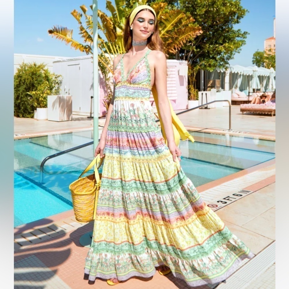 Alice & Olivia Karolina Floral Tiered Lace Cut Out Colourful Pastel Maxi Dress 8